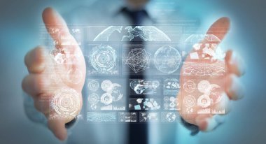 Dijital ekranlar hologramlar veriler 3d render ile kullanarak iş adamı