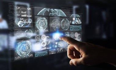 Dijital ekranlar hologramlar veriler 3d render ile kullanarak iş adamı