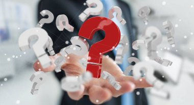 3D render soru işaretleri kullanarak iş adamı