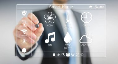 Akıllı ev dijital arabirimi 3d işlemesini kullanan iş adamı