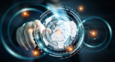 İşadamı hologram ekran dijital veriler 3d renderin ile kullanma