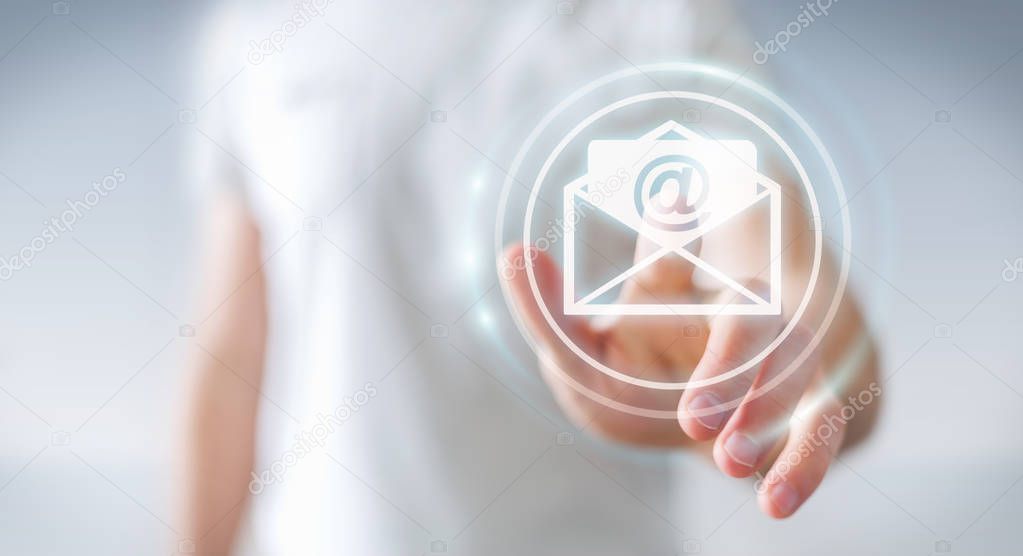 Businessman touching 3D rendering flying email icon with his fin