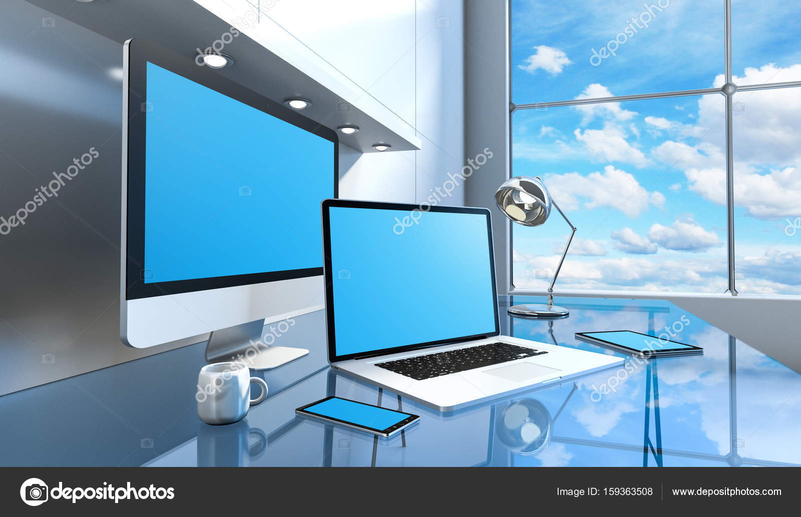 Modern Glass Desk Interior With Computer And Devices 3d Renderin