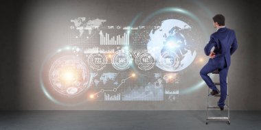 Bir duvara 3d render grafik ekranlar arabirimini kullanarak iş adamı