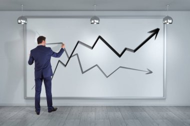 İşadamı çizim ok kroki bir gemide 3d render