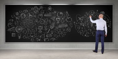 Bir proje çizim işadamı bir yönetim kurulu 3d render kroki