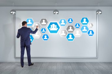 Bir kurulu 3d renderi sosyal ağ arabirimini kullanarak iş adamı