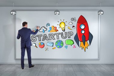 İşadamı çizim başlangıç kroki bir gemide 3d render