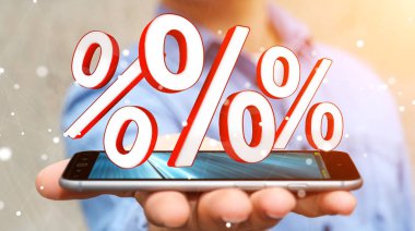 Beyaz ve kırmızı satış simgeler 3d render uçan kullanarak iş adamı