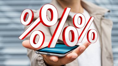 Beyaz ve kırmızı satış simgeler 3d render uçan kullanarak iş adamı