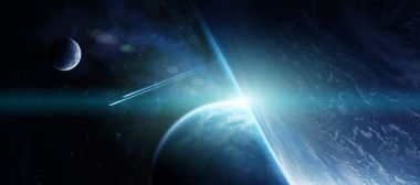 Uzak bir gezegende sistem alan 3d render öğe üzerinde gündoğumu