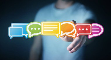 Renkli düz konuşma simgeler 3d rendering kullanarak iş adamı