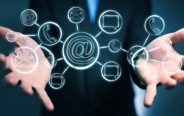 Çizilmiş grafik iletişim ve bağlantı ile tutan işadamı