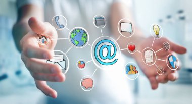 Multimedya arabirimi çizilmiş tutan işadamı