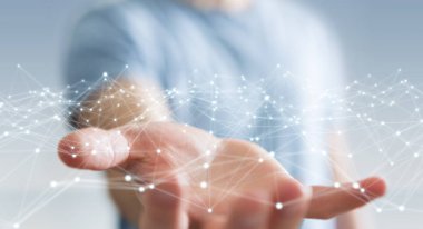 İşadamı 3d render tarafından düzenlenen ağ uçan nokta