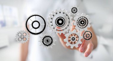 Onun el 3d renderin kayan dişli simgeleri dokunmadan işadamı