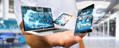 Teknoloji cihazları birbirine 3d render bağlamak işadamı