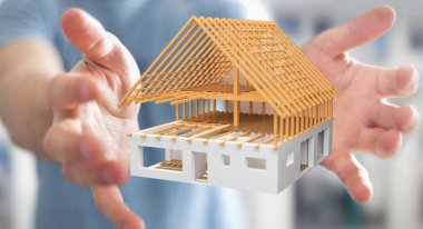 3D render bitmemiş planı ev onun ha tutan işadamı