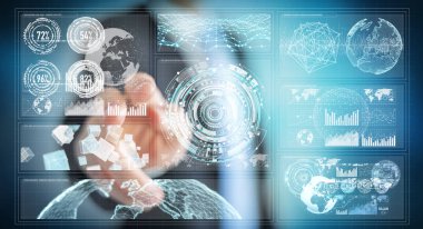 Dijital ekranlar hologramlar veriler 3d render ile kullanarak iş adamı