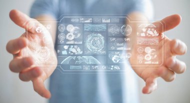 Dijital ekranlar hologramlar veriler 3d render ile kullanarak iş adamı