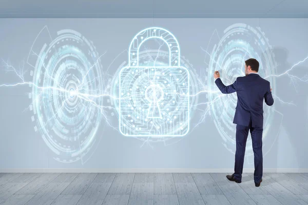 Empresario que usa interfaz antivirus en una representación 3D de pared — Foto de Stock