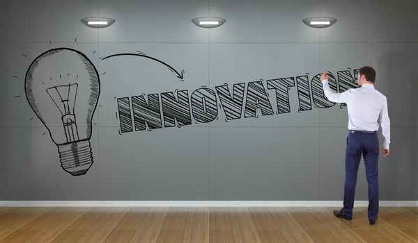 Podnikatel náčrt inovace na zeď 3d vykreslování — Stock fotografie