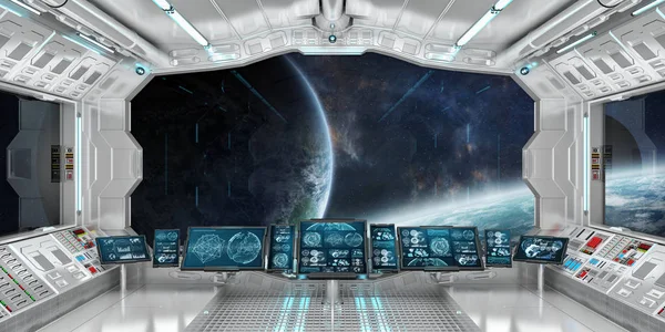 Rymdskepp interiör med utsikt på avlägsna planeter system 3d render — Stockfoto