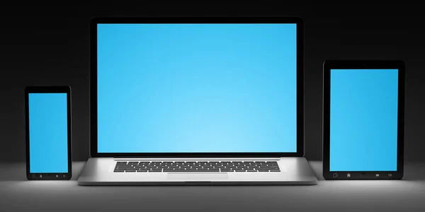 Ciemny nowoczesny komputer laptop renderowania 3d telefon komórkowy i tablet — Zdjęcie stockowe