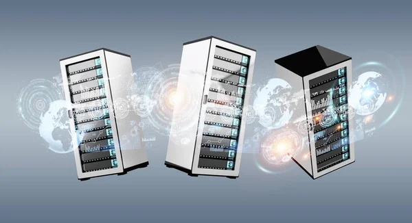 Centro de datos de la sala de servidores conectados entre sí renderizado 3D —  Fotos de Stock