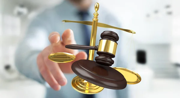 Zakenman met hamer van Justitie en met een gewicht van schalen 3D-rendering — Stockfoto