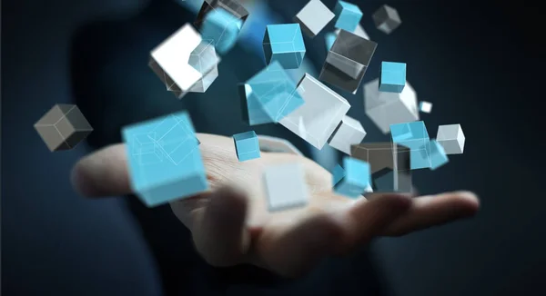 Geschäftsmann hält schwimmende blaue glänzende Würfel Netzwerk 3D-Renderin — Stockfoto