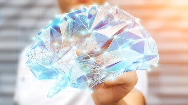 Biznesmen rysunek cyfrowe RTG mózgu człowieka w jego dłoni 3d ren — Zdjęcie stockowe