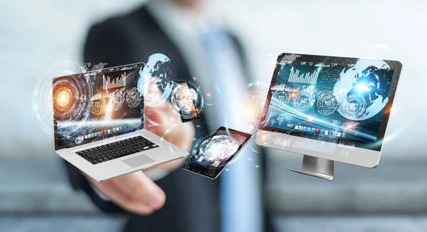 Businessman connecting tech devices to each other 3D rendering — Stock Photo, Image