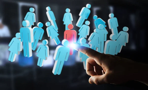 Businessman touching 3D rendering group of people with his finge — Stock Photo, Image