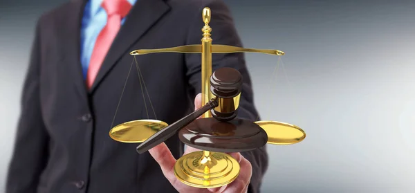 Businessman with justice hammer and weighing scales 3D rendering Royalty Free Stock Photos