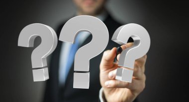 3D render soru işaretleri kullanarak iş adamı