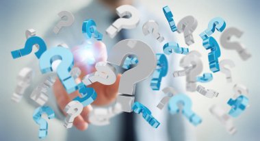 3D render soru işaretleri kullanarak iş adamı