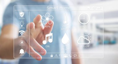 Akıllı ev dijital arabirimi 3d işlemesini kullanan iş adamı