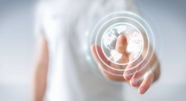 3d render sörf için Internet üzerinde Web arabirimini kullanarak iş adamı