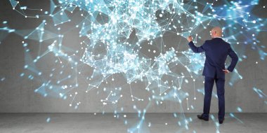 Bir duvara 3d render bağlantı ağ kullanarak iş adamı