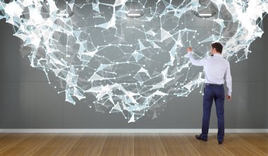 Bir duvara 3d render bağlantı ağ kullanarak iş adamı