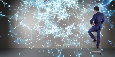 Bir duvara 3d render bağlantı ağ kullanarak iş adamı