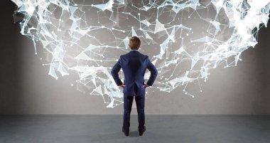 Bir duvara 3d render bağlantı ağ kullanarak iş adamı