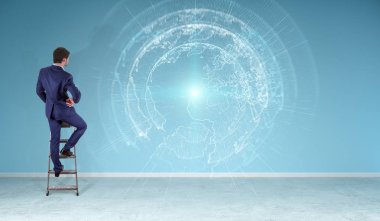 Bir duvar 3d re dijital planet earth arabirimini kullanarak iş adamı