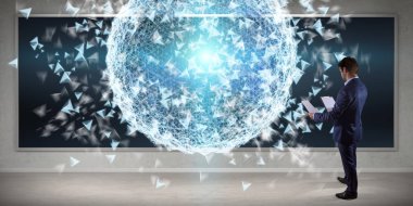 Yönetim Kurulu 3d r üzerinde dijital planet earth arabirimini kullanarak iş adamı