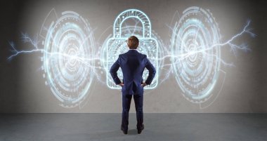 Bir duvar 3d render virüsten koruma arabirimini kullanarak iş adamı