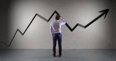 İş adamı izlerken OK kroki bir duvara 3d render