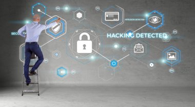 Bir duvar 3d render virüsten koruma arabirimini kullanarak iş adamı