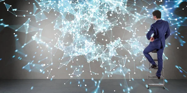 Bir duvara 3d render bağlantı ağ kullanarak iş adamı