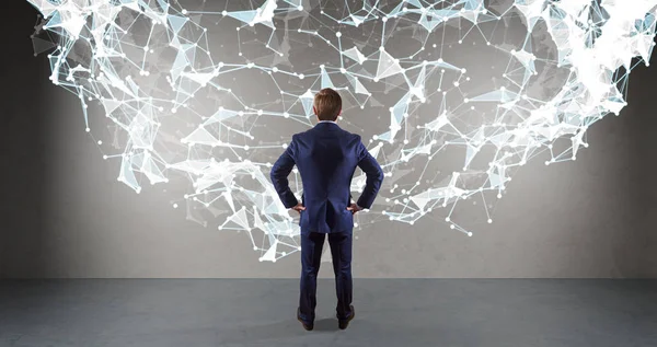 Bir duvara 3d render bağlantı ağ kullanarak iş adamı